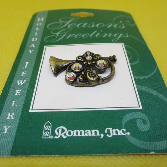 2002 Roman Inc. AB Rhinestone Trumpet Brooch Roman Inc Seasons Greetings Holiday - Picture 11 of 12